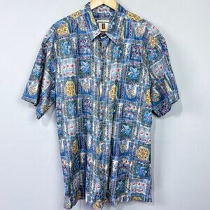 Vintage Tori Richard‎ Hawaiian Print Button Up Shirt Size XL Blue Floral Batik